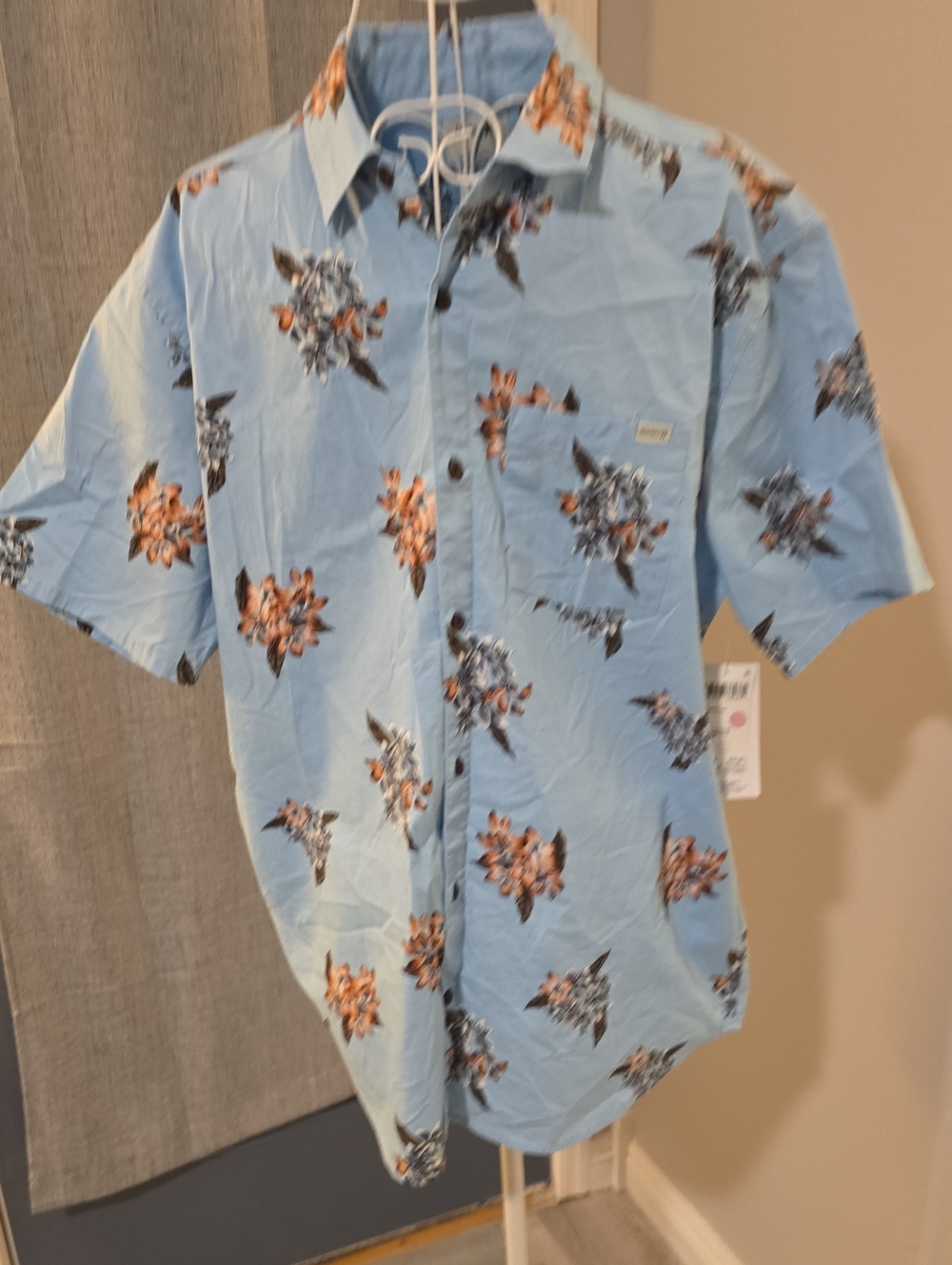 Cotton blend short sleeve shirt, Hurley OAO Lido Stretch, light blue with floral